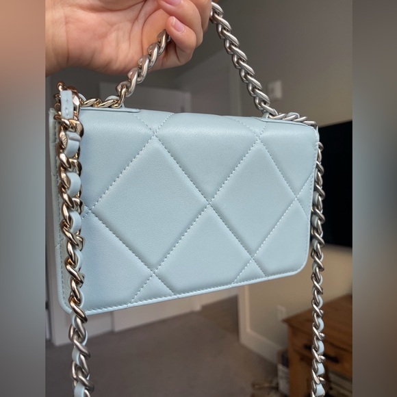 SOLD Chanel 19 Quilted Wallet Chain WOC Light Blue lambskin Mixed Hardware 22B - Picture 6 of 15